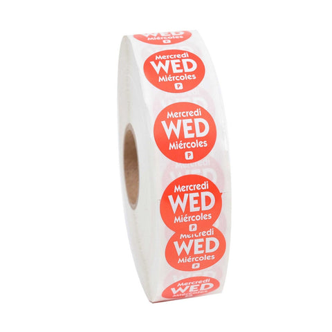 National Checking Company Dateit Red Trilingual Permanent Label - Wednesday, 0.75 inch Circle -- 2000 per case.