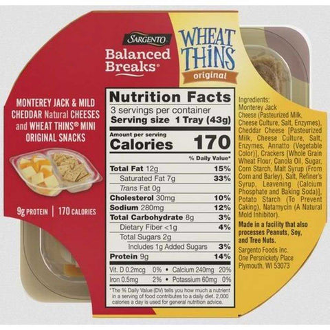 Sargento Balanced Breaks Single Monterey Jack and Mild Cheddar Cheeses with Wheat Thins Mini Original Snacks, 1.5 Ounce -- 12 per case