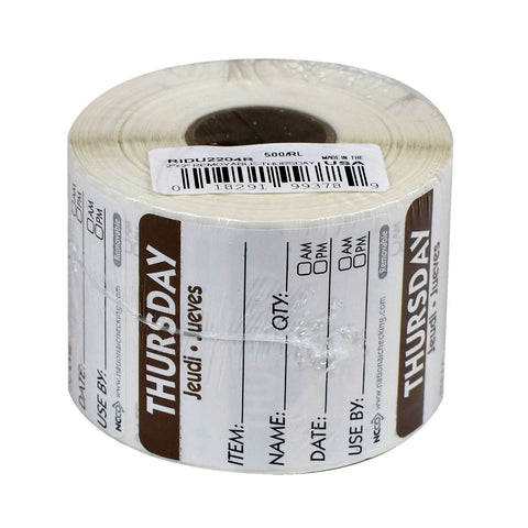 National Checking Thursday Item Date Use By Removable Trilingual Label, 2 x 2 inch 500 labels per roll -- 18 rolls per case.