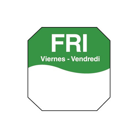Daymark MoveMark Octagonal Trilingual Day of Week Removable Label - Friday, 1 inch -- 12 rolls per case.