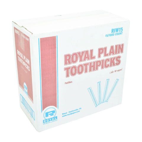 Royal Cello-Wrapped Round Wood Toothpicks, 2 3/4 inch, Natural, 1000/Box, 15 Boxes/Carton