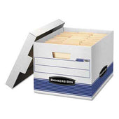 Bankers Box STOR/FILE Med-Duty Letter/Legal Storage Boxes, Locking Lid, White/Blue, 4/Carton