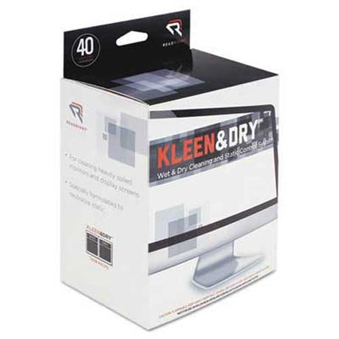 Read Right Kleen & Dry Screen Cleaner Wet Wipes, Cloth, 5 x 5, 40/Box