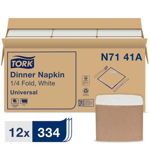 Tork 1 Ply White Paper 1/4 Fold Universal Dinner Napkin, 17 x 17 inch -- 4008 per case