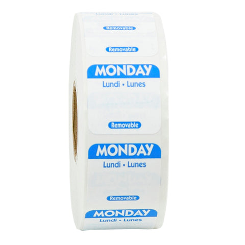 National Checking Company Dateit Blue Trilingual Removable Label - Monday, 1 x 1 inch -- 1000 per case.