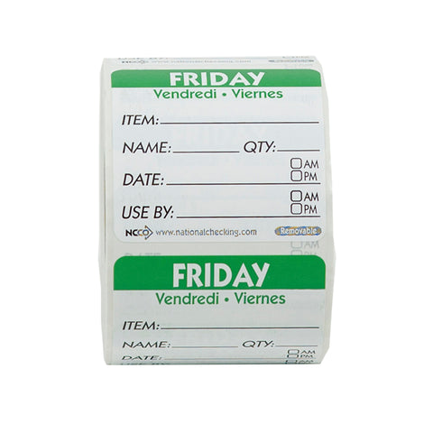National Checking Friday Item Date Use By Removable Trilingual Label, 2 x 2 inch 500 labels per roll -- 18 rolls per case.