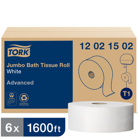 Essity Tork Advanced 100 Percent Recycled Fibre Paper 2-Ply Jumbo Bath Tissue Roll, 1600 Feet -- 6 per case