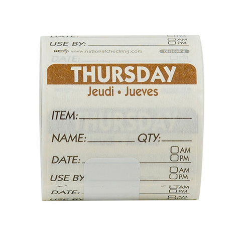 DateIt™ LABEL TRILINGUAL ITEM/DATE/USE BY DISSOLVING BROWN THURSDAY 2X2