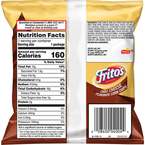 Fritos Chili Cheese Flavored Corn Chips, 1 Ounce -- 104 per case.