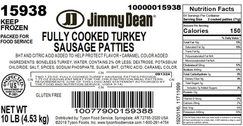 Jimmy Dean SAUSAGE PATTY TURKEY FORMED FC 10000015938