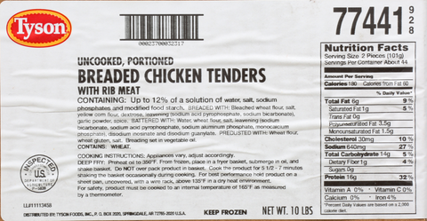Chicken Tenderloin 100% Whole White Meat Breaded Raw 1.8 Oz 77441-0928
