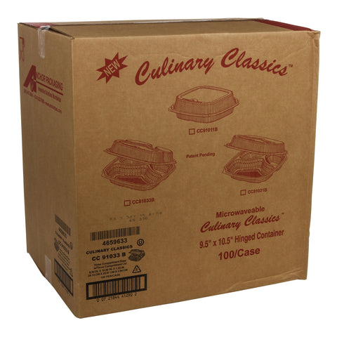 Culinary Classics® CONTAINER MICROWAVABLE 3-COMPARTMENT BASE/VENTED LID HINGED CLAMSHELL CC91033B 10.5