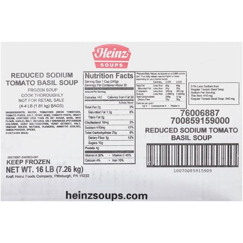 Heinz Reduced Sodium Tomato Basil Soup, 16 Pound Bag