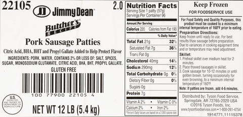 Jimmy Dean SAUSAGE PATTIES BUTCHER RECIPE RAW 2 OZ 10000022105