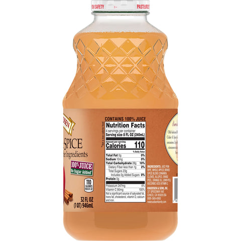 RW Knudsen JUICE APPLE CIDER SPICED NSA NFC 100% GLASS BOTTLE