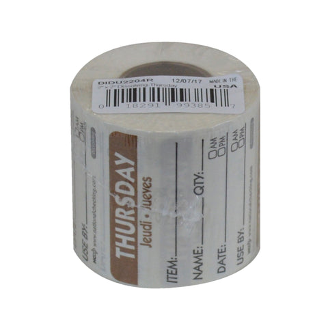 DateIt™ LABEL TRILINGUAL ITEM/DATE/USE BY DISSOLVING BROWN THURSDAY 2X2