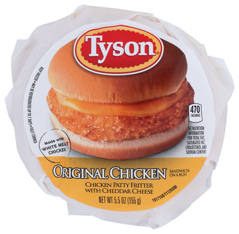 Tyson Foods Original Chicken Patty Fritter with Cheddar Cheese Sandwich, 5.5 Ounce -- 12 per case.