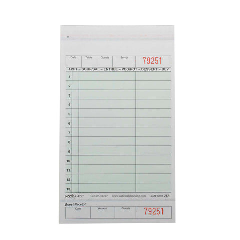 National Checking Company Carbonless Guest Check Board - 2 Part Green, 13 Line, 4.20 x 7.25 inch -- 2000 per case.
