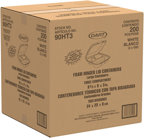 Dart Large 3 Compartment Insulated Non Perforated Foam Hinged Lid Container, 9 3/8 x 9 x 3 inch - 100 count per pack -- 2 packs per case