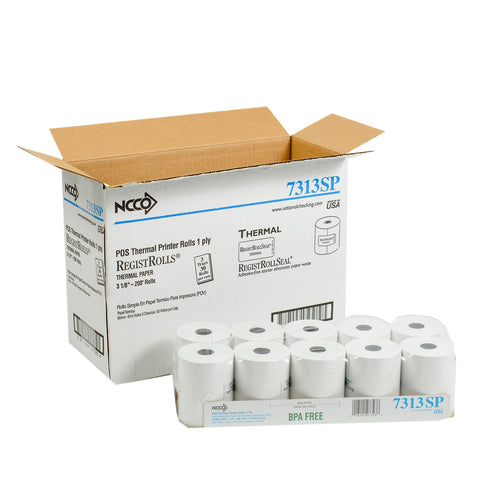 National Checking Company White 1 Ply Register Roll Tape, 3.13 inch -- 30 rolls per case.