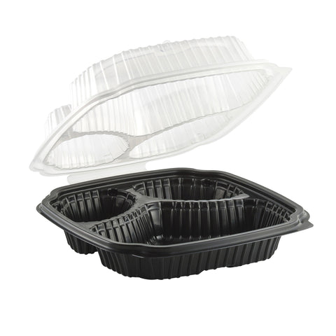 Container Microwavable 3-compartment Base/3-compartment Vented Lid Hinged Clamshell Cc9933b 9x9