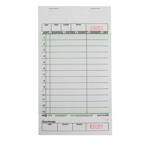 National Checking Company Guest Check Board - 1 Part Green, 13 Line, 4.20 x 7.25 inch -- 2500 per case.