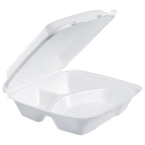 Container Foam White Hinged Lid Large Three Compartment 9.4x9x3